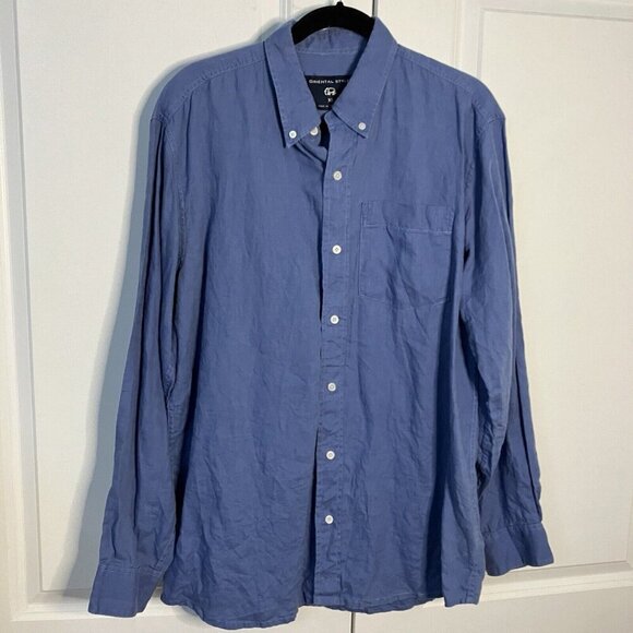 Oriental Style Shirt Mens XL Blue Linen Button Down Long Sleeve Neutral - Picture 1 of 7